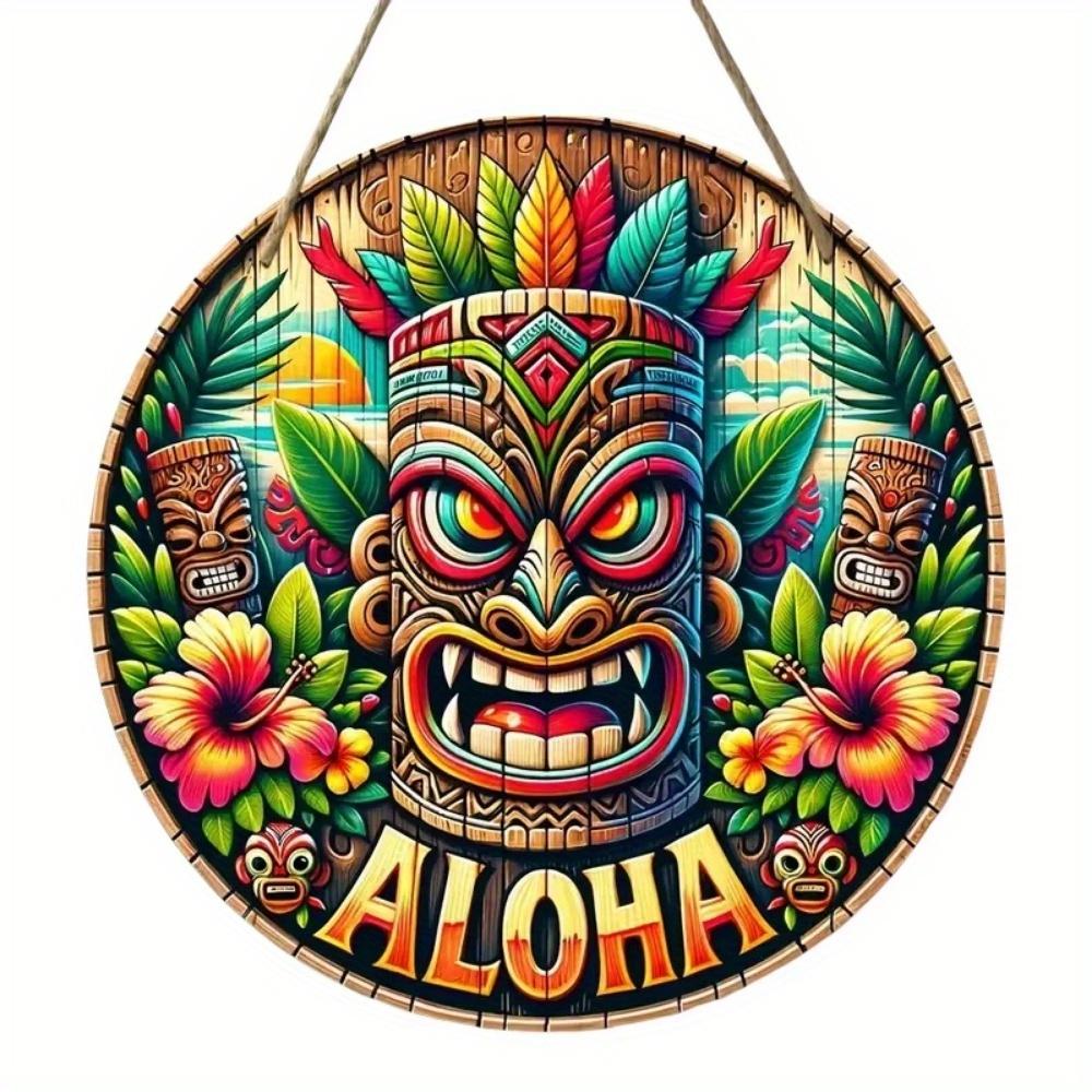 1pc 2d Flat Hawaiian Tiki Mask Bar Sign - 20cm Round Wood Art Decoration for Home, Garage, Cafe, Restaurant, Bar, BBQ, Beach, Resort Decoration
