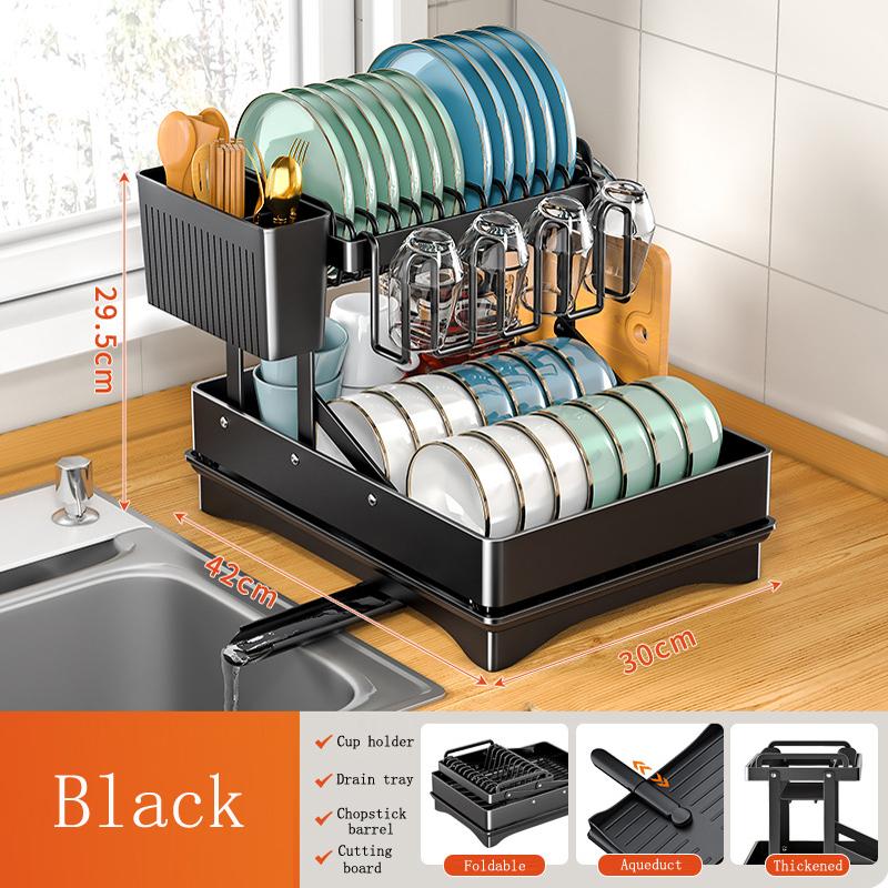 Двухслойная сушилка для посуды на кухне складная сушилка для мисок с корзиной для слива органайзер для столовых приборов палочек для еды и ножей чёрный 19197₽