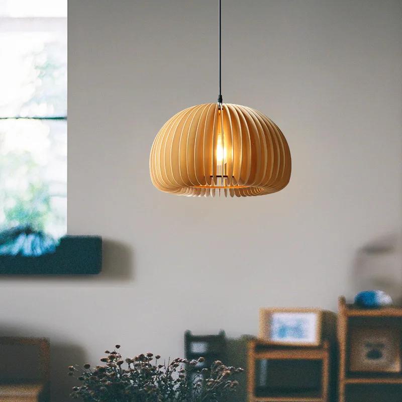 Japanese Style Simple Pumpkin Linden Wood Light Bar Balcony Bedroom Dining Room Chandelier Lamps E27AC110V 220V