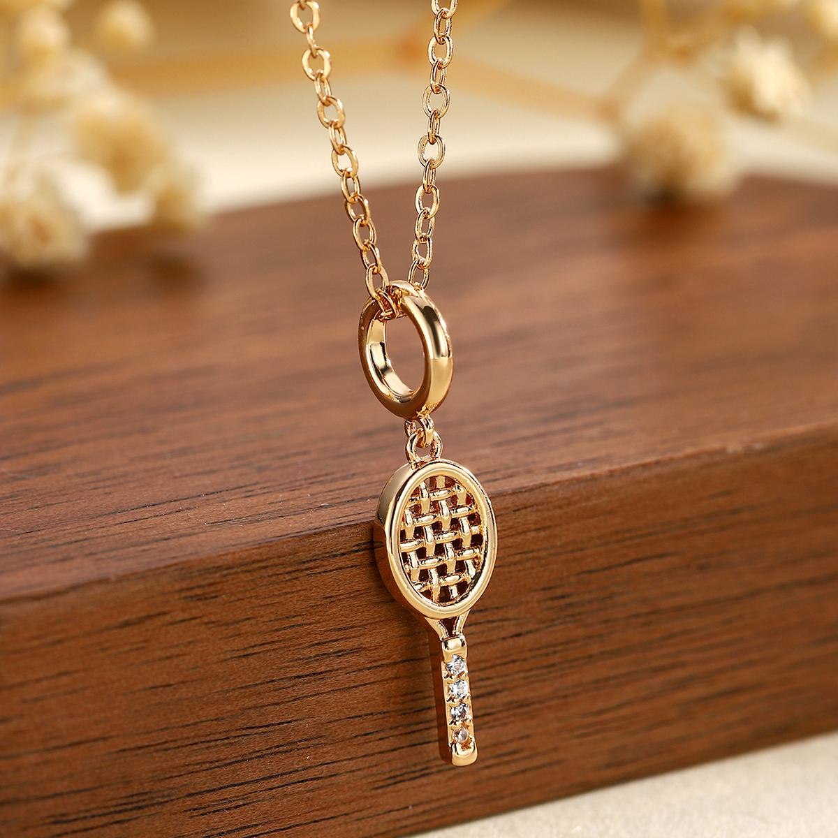 Classic 18K Gold-copper Alloy White Zirconium Tennis Racket Pendant Necklace Tennis racket style pendant