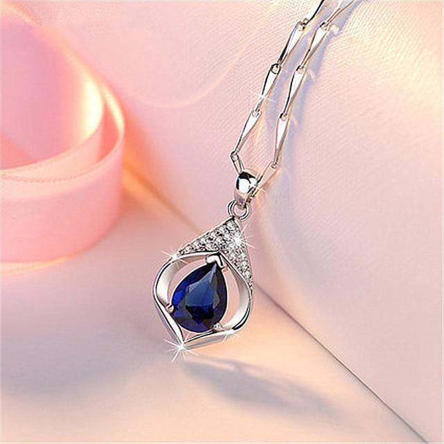 Silver Plated Teardrop Blue CZ Pendant Necklace, Elegant Geometric Openwork Crystal Necklace for Women
