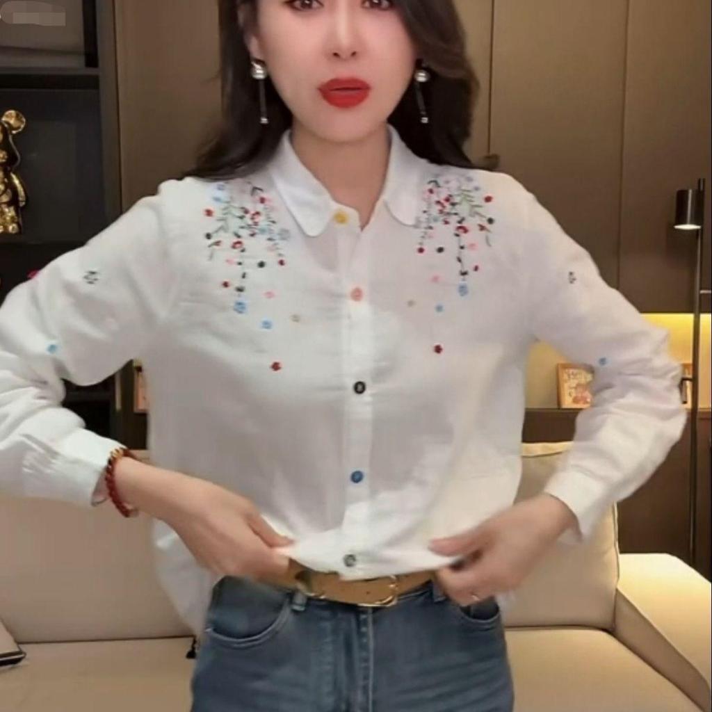 Frühlingsbesticktes Retro-Langarmhemd im chinesischen Stil für Damen