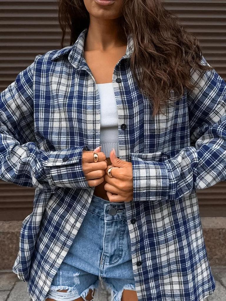 Women's Versatile Plaid Turn-Down Collar Blouse - Loose Fit, Long Sleeve, with Pockets, European & American Style, 2025 Collection.