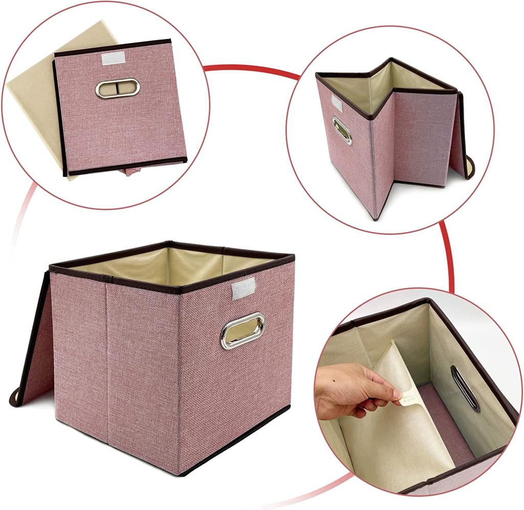 2 Pezzi Contenitori Pieghevoli con Coperchio 25*25cm Cestini Portaoggetti in Tessuto di Lino Lavabili Scatola Decorativa