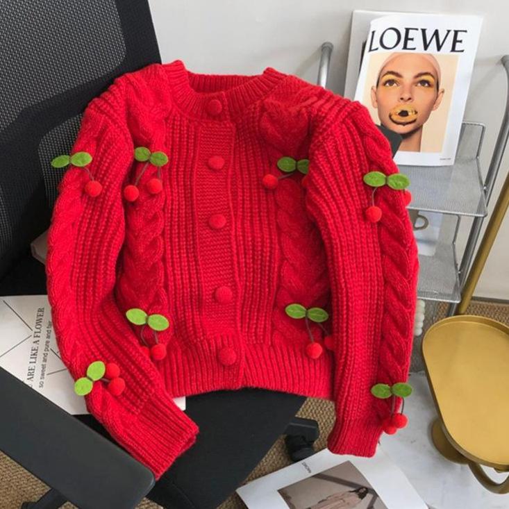 Cross-border Knitted Cardigan Women's Autumn and Winter New Foreign Style Versatile Age Reduction Short Loose Lazy Style Cherry Sweater Jacket