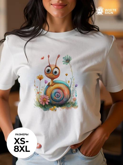 Oversized cotton T-shirt with Snail Among Flowers print 4XL