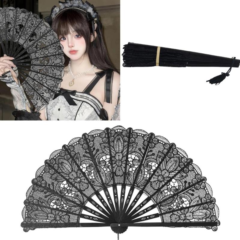 Elegant Anime Bamboo Hand Fan With Intricate Lace Detailing For Cosplay Event And Vintage Themed Parties