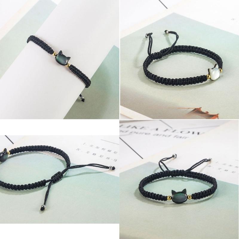 Natural Moonstone Obsidian Bracelet Unique Design Cat Charm Bangle Handwoven Wrist Link Chain Party Accessories for Girl