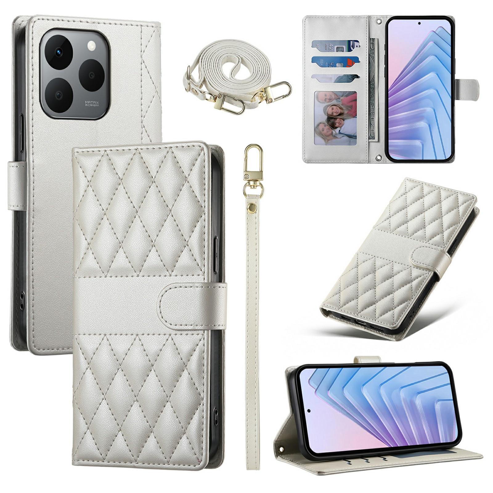 

For Realme 15T 5G Wallet Case Rhombus Stitching Stand Leather Phone Cover with Long/Short Strap