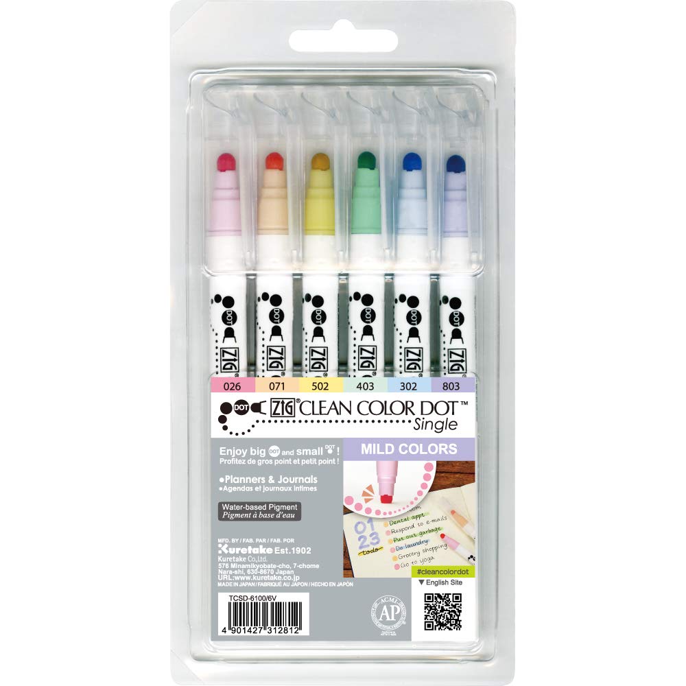 

Kuretake ZIG Clean Color Dot Markers, Gentle 6-Color Set, AP Certified, Ideal for Marking Planners/Diaries, Photocopyable, Acid-Free, Lightfast, Odorl