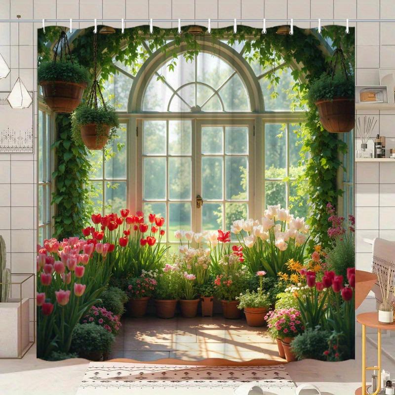 1pc Shower Curtain - Elegant Garden with Arch Window and Blooming Flowers, Perfect for Bathroom Decoration, Bringing
