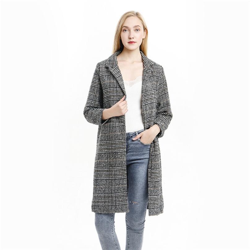 Autumn Korean Style Fashion Women's Plaid Woolen Jacket Slim Thin Long Thick Coat