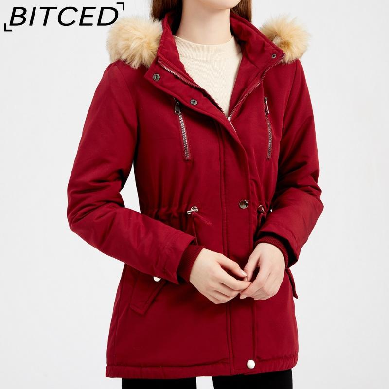 BITCED Autumn/Winter Women's Thickened Shearling-Lined Cotton Coat Loose-Fit Cotton Jacket with Detachable Hood and Fleece Lining