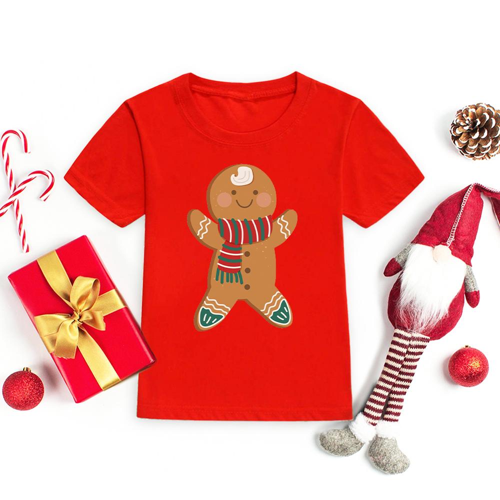 Christmas Cookie Print T-shirt Red Short Sleeve Xmas Party Clothes
