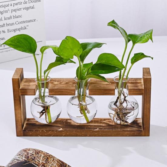 Plants Propagation Station with Wooden Stand Indoor Plant Terrarium Hydroponic Flower Holder Container Decoration Table Centerpiece