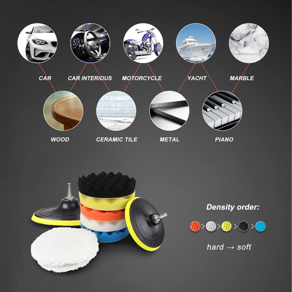6 Inch Car Polishing & Buffing Sponge Pads Kit Wool Bonnet Pads For Household Electric Drill And Auto Polisher With 8Mm M14 Drill Adapter For Washing