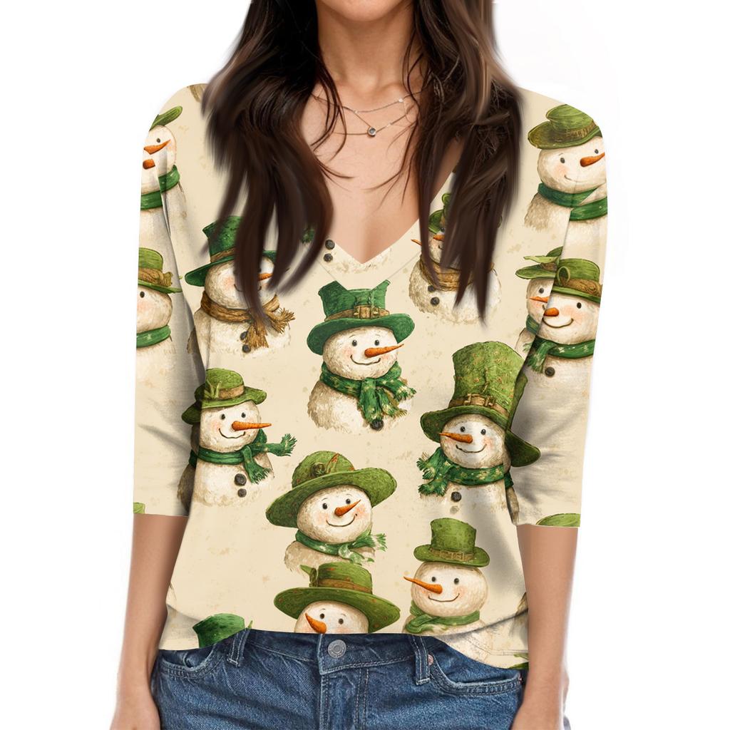 Women's Tops Three-quarter Sleeve Shirt V-neck Loose Casual Shirt Print T-shirt