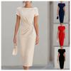 Women's Boat Neck Short Sleeve Midi Dress Solid Waist Twist Ruched Bodycon Formal Party Gown