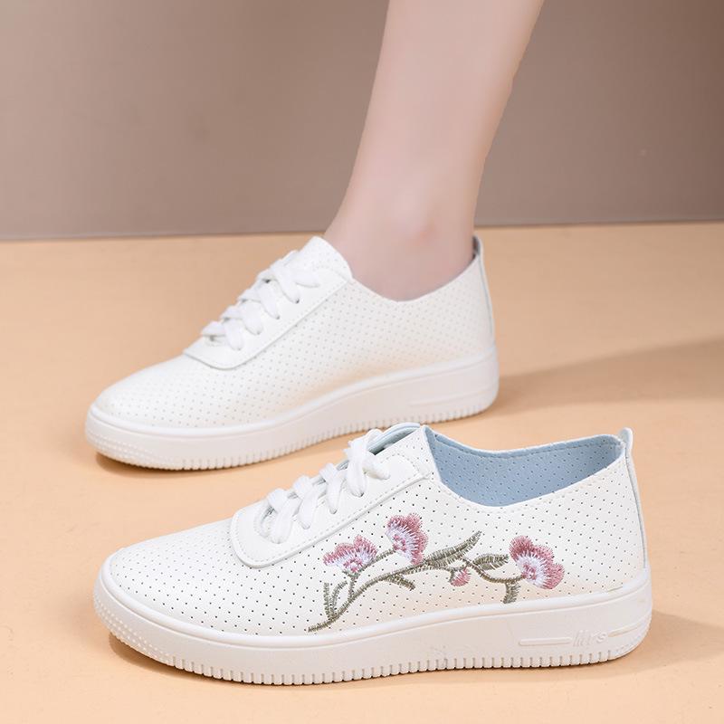 Women's White Leather & Mesh Breathable Shoes - Soft Sole, Non-Slip, Korean Style for Spring/Summer