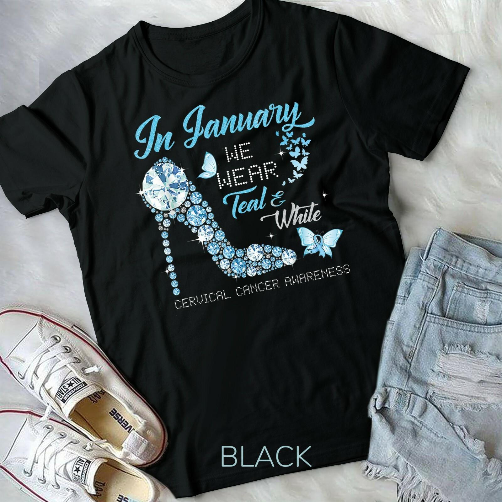 January teal and white High Heel Cervical Cancer Awareness Unisex Youth T-shirt XXL