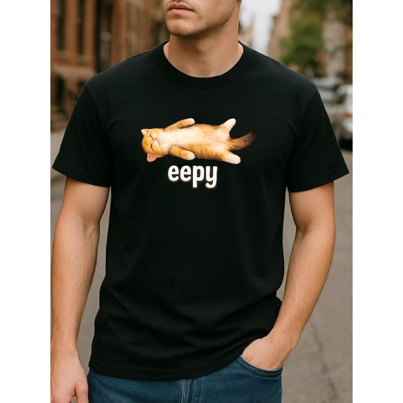 

European sizes Men S Vibrant Cat Print Crew Neck T-Shirt | Soft, Medium-Stretch Blend Fabric, Regular Fit, Comfortable and Versatile 4XL чорний