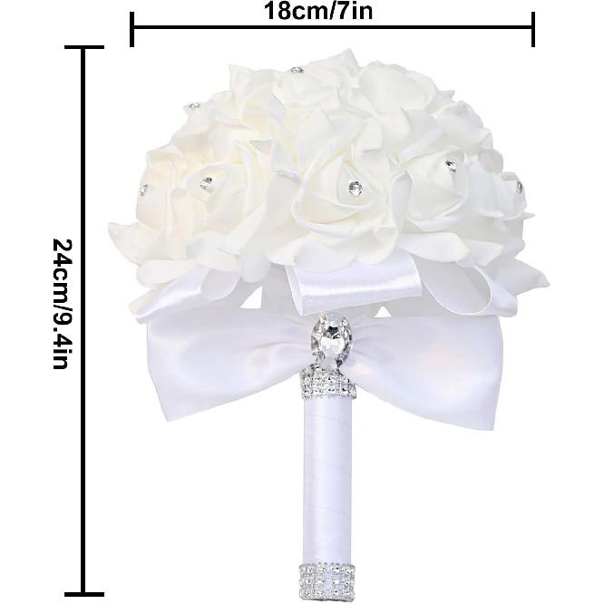 CUIWEI Wedding Bouquets for Bride & Bridesmaid - Hand Roses & Silk Roses Crystal Diamond Artificial Flowers for Wedding Parties, Churches (White)
