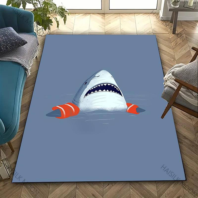 3D Shark Theme Printed Carpet Edgy Nautical Horror Statement Rug for Living Rooms Bedrooms, Office Areas, Durable Washable Mats