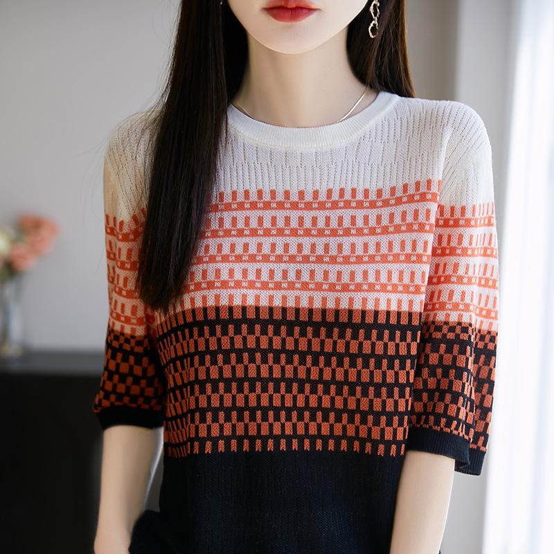 

Полосатая градиентная вязаная футболка с коротким рукавом, Роскошный и высококлассный топ с круглым вырезом для женщин на лето XL оранжевый