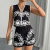 Women's Sleeveless V Neck Zip Front Floral Print Shorts Set Black White Casual Outfit