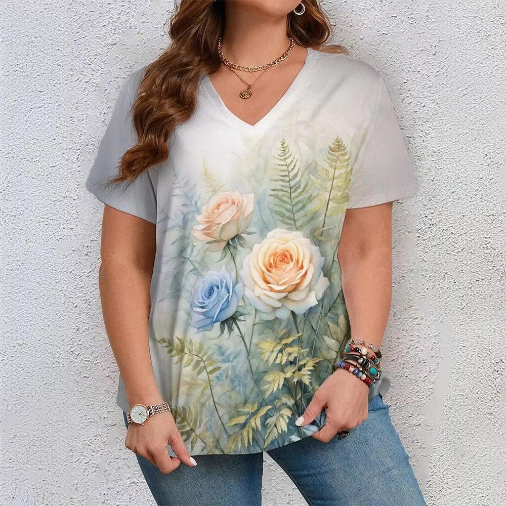 Fashionable Floral 3D Digital Printed Women's Casual and Comfortable V-neck Short Sleeved T-shirt