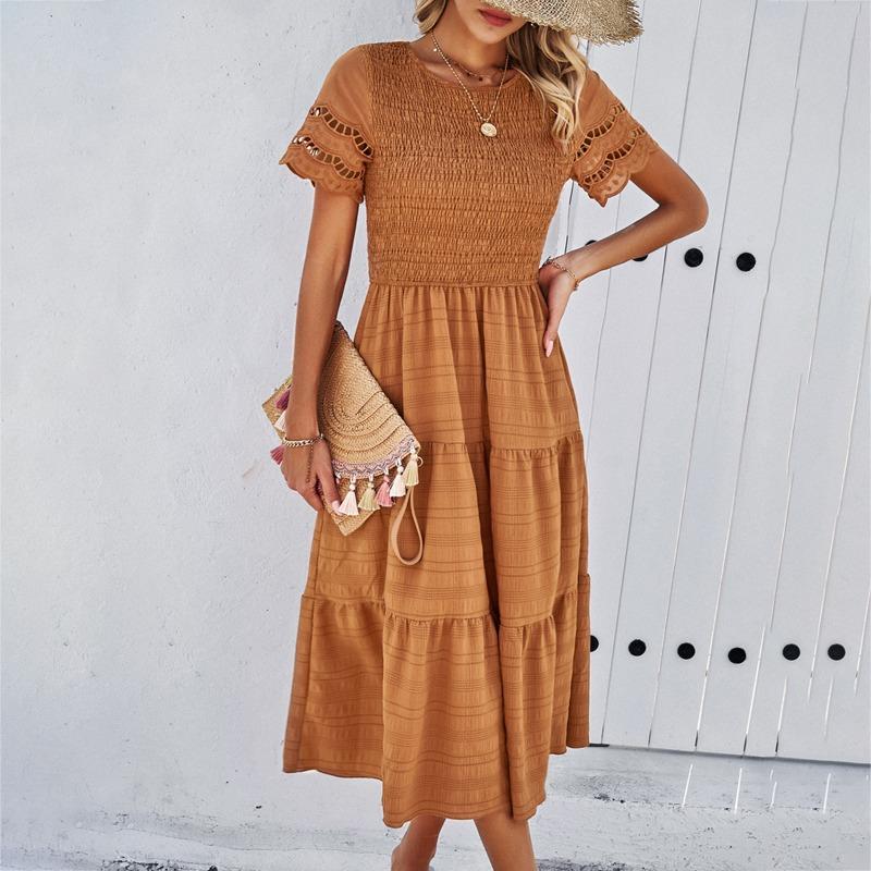 Spring and Summer Solid Color Temperament Hollow Out Dress