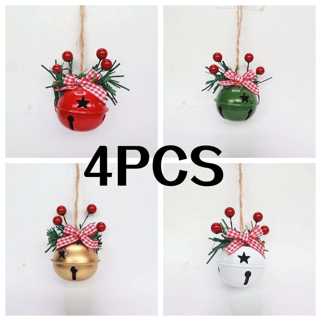 4Pcs Christmas Decorations Christmas Tree Ornaments Five-Star Snowflake Bells Hemp Rope Berries Accessories Christmas Bells