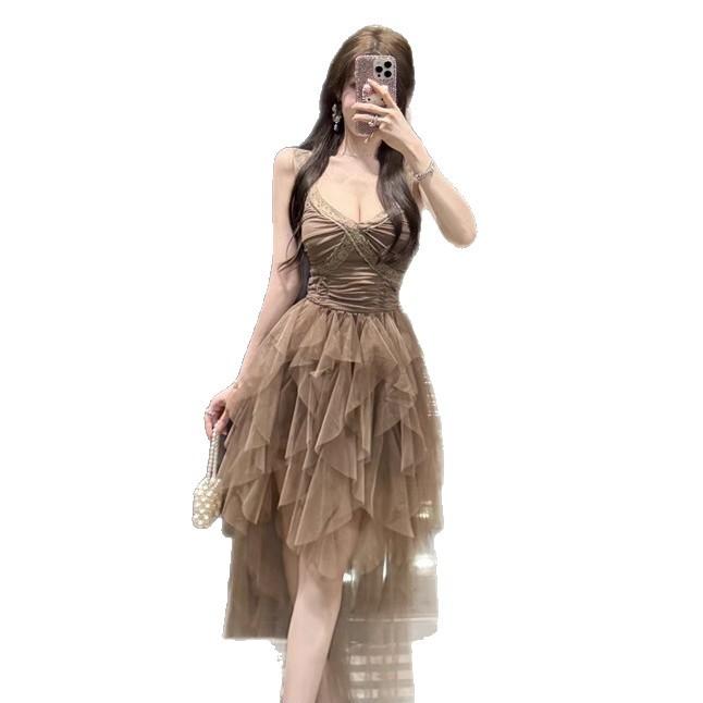 Light luxury high-end birthday dress princess mesh suspender dress long dress irregular skirt