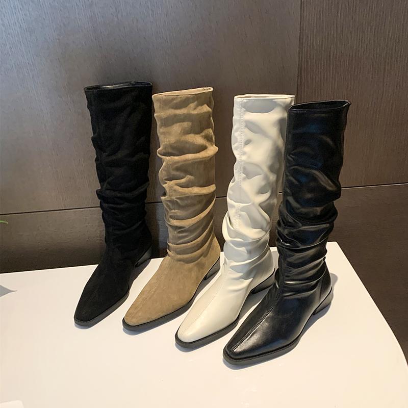 New Style Women Knee High Boots Autumn Winter Female Shoes Female Slip-on Folds Low Heel Round Toe Flat Long Boots Boots
