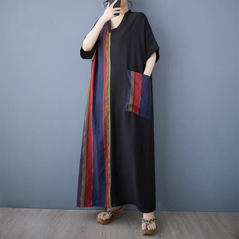 Sommer Fett Mm Dünn Baumwolle Leinen Schlankmachend V-Ausschnitt Kurzarm Kontrastierende Spleißung Mittellanges Kleid für Damen Kleider