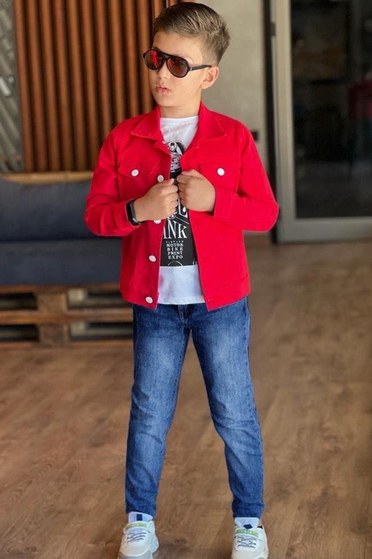 

Футболка с принтом для мальчиков, куртка на пуговицах, красный джинсовый костюм, нижний верх, костюм для детей от 3 до 12 лет