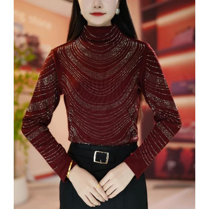 

Женский топ с длинным рукавом, элегантный, стройнящий, со стразами - Теплый, выгодно подчеркивающий фигуру, модный базовый слой 3XL