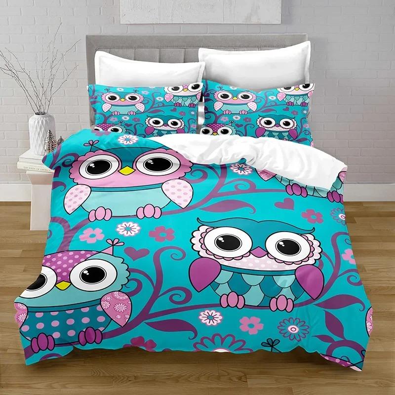3D-Druck Kawaii Eule Bettbezug mit Kissenbezug Schlafzimmer Dekoration Bettwäsche Queen-Bettwäsche Schlafzimmer-Set King-Size-Bett Heimtextilien