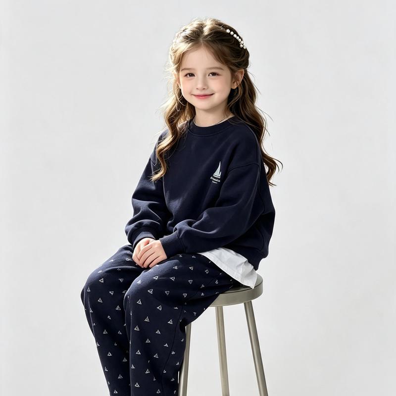 Girls' Navy Blue Hooded Sweatshirt & Floral Wide-Leg Pants
