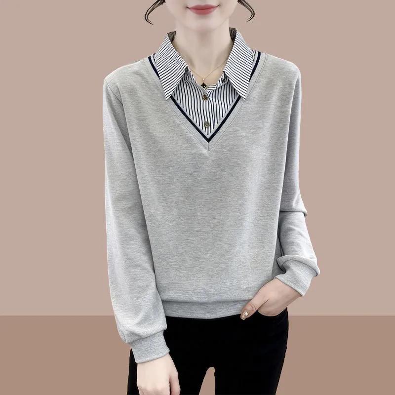 Women S Plus Size Striped Fake Two Piece Long Sleeve Pullover Sweatshirt L