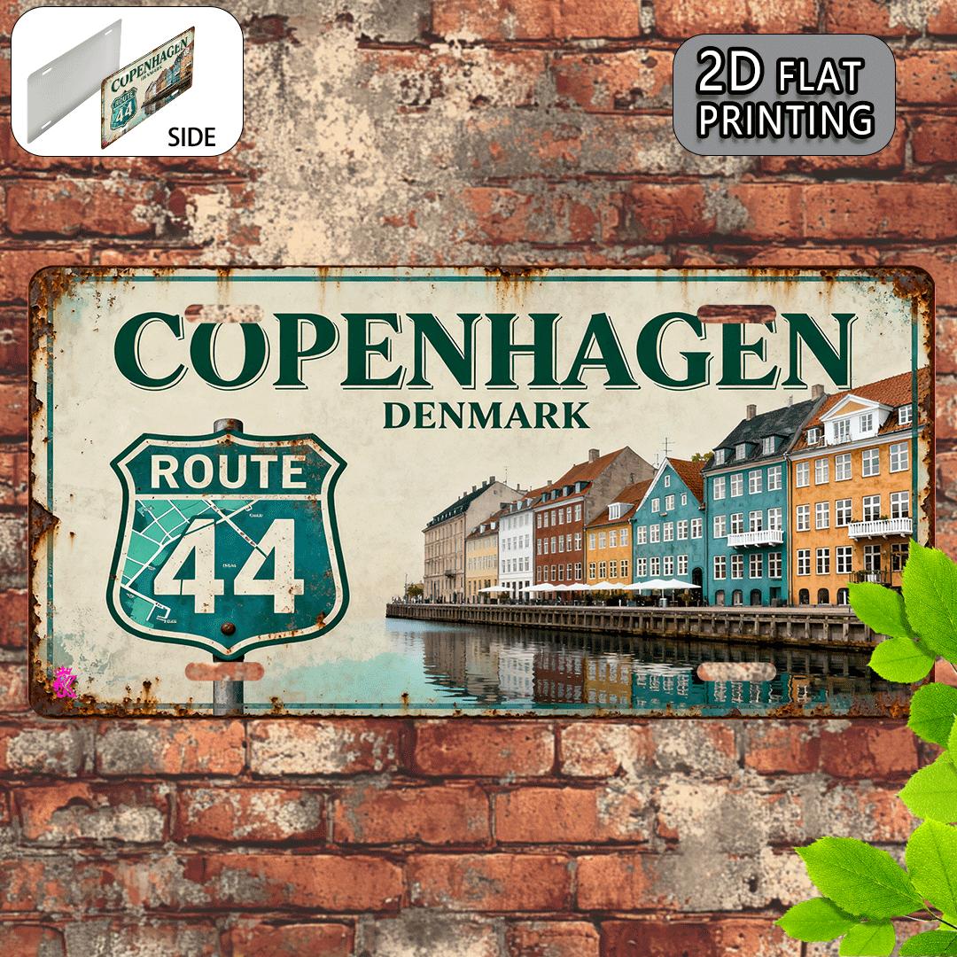 D Flat Printing Vintage Distressed COPENHAGEN DENMARK ROUTE  with Nyhavn Canal Illustration Aluminum Tin Painting License 15x30cm(5.9x7.8inch)