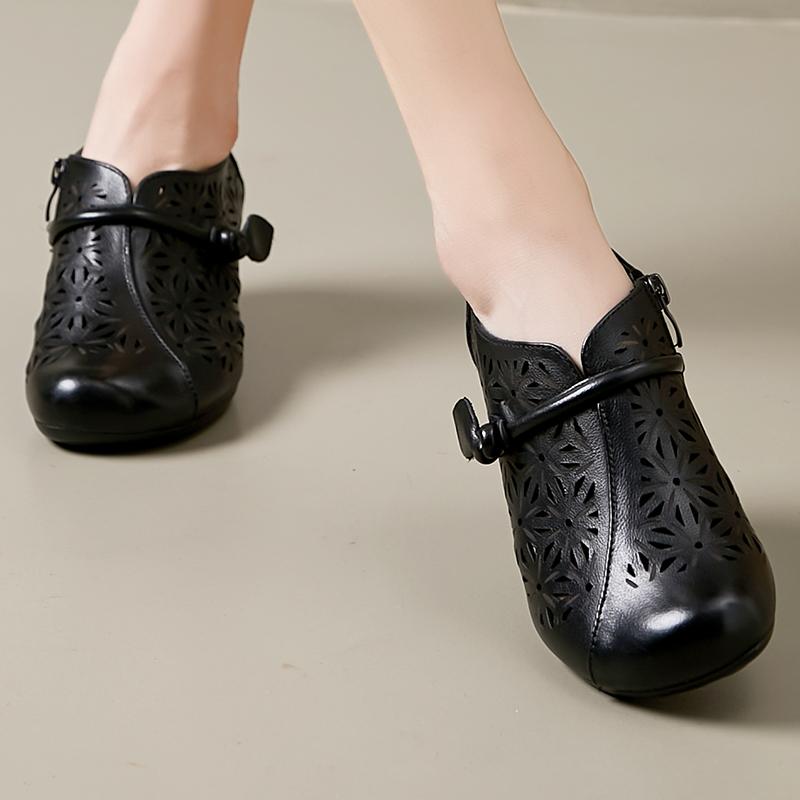 2024 Spring Summer New Genuine Leather Pumps Retro Hollow Round Toe Soft Sole Women's High Heels Shoes