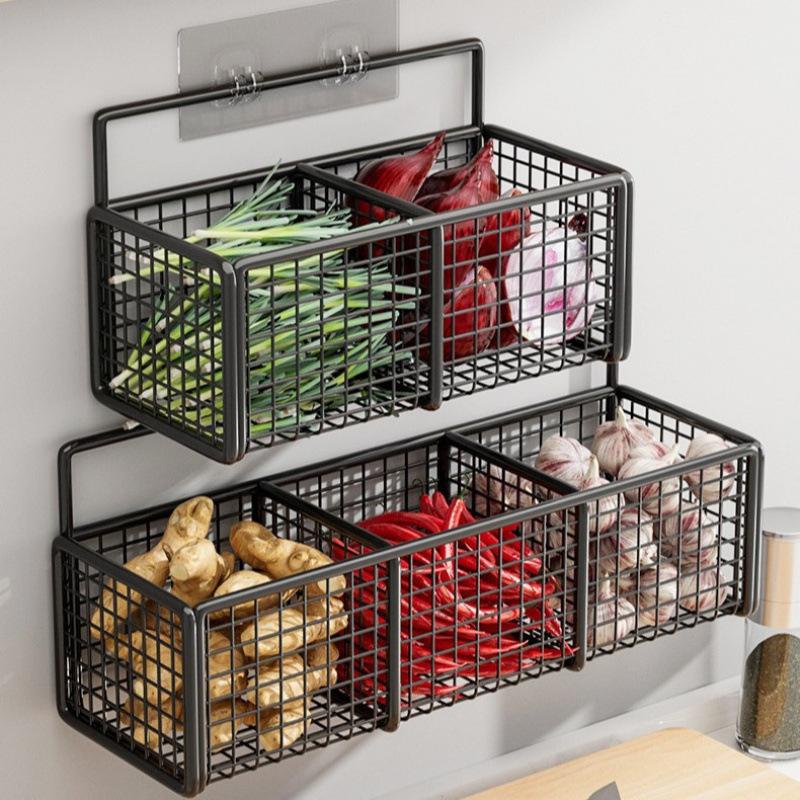 1/2/3 Grid Onion Ginger Garlic Kitchen Shelf Wall Hanging Condiments Spice Vegetable Fruit Storage Rack Drain Basket Punch-Free