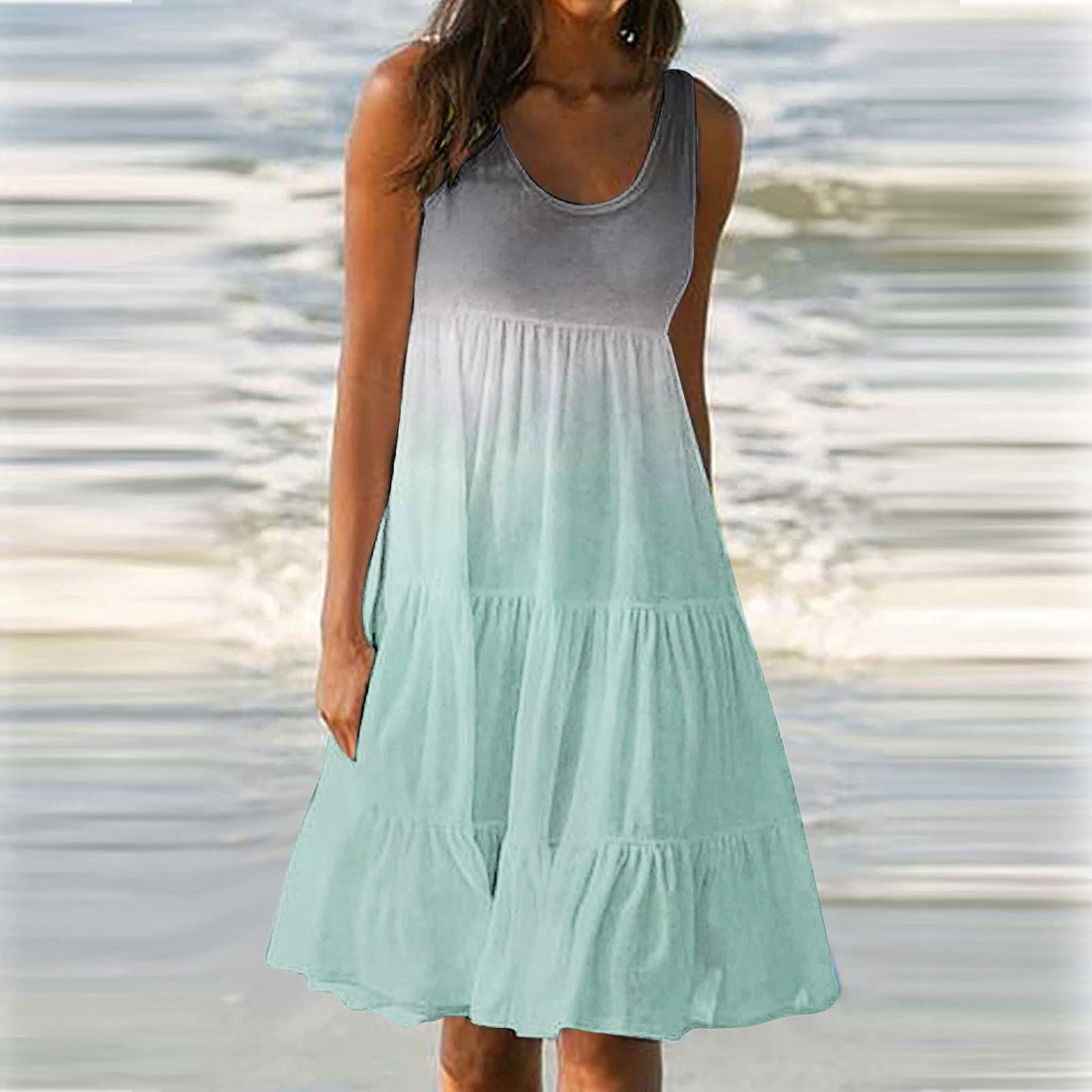 

Women s Summer Sleeveless Ruched Beach Dress O Neck Midi Dress Casual Sundress L синій