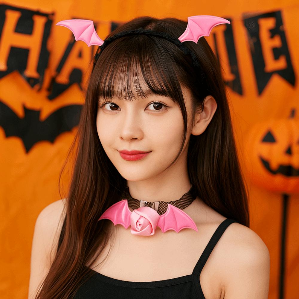 Flower Headband Necklace Set Mesh Halloween Hair Hoop Cute Bat Wings Hairband  Women
