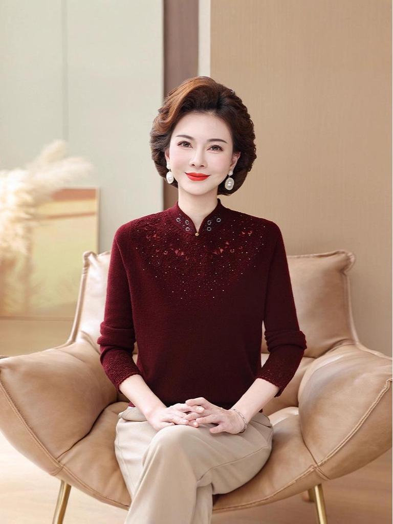 Stylish Embroidered Wool Cardigan Sweater for Middle-Aged Women - Plus Size, Solid Color, Autumn/Winter Top