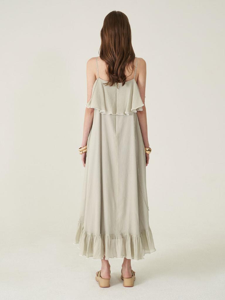 Kaie Silver Thread Striped Cotton Silk Center Frill Asymmetrical Dress