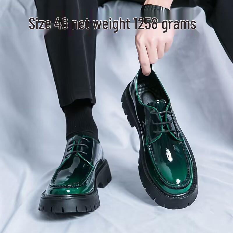 Men's Large Glossy Leather Lace-Up Loafers with Thick Sole and Chunky Heel