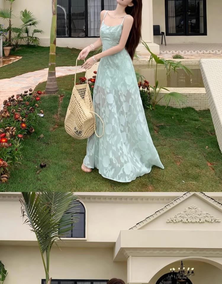 Seaside Resort Mint Green Spaghetti Strap Dress - Women's 2026 Summer Waist-Cinching Long Gown