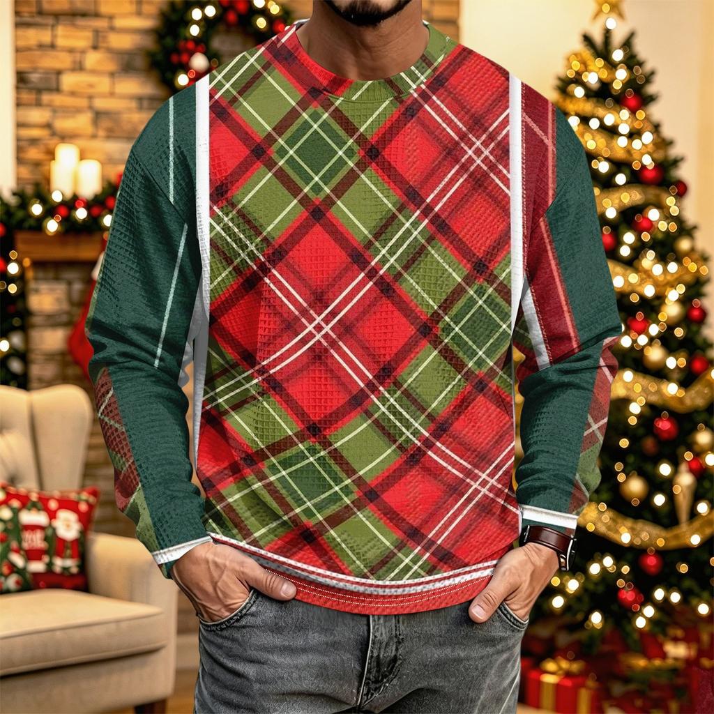 Men's Casual Knit Long Sleeve Neck Shirt with Christmas Print for Holiday and Everyday Wear